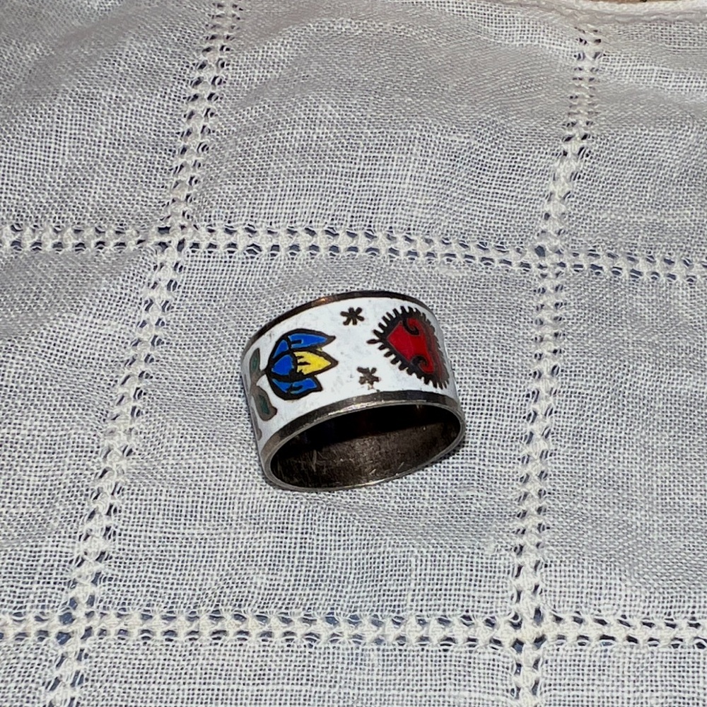 Vintage 70s Siam Sterling Silver Enamel Ring – Flower Power + Hearts, Size 5.5